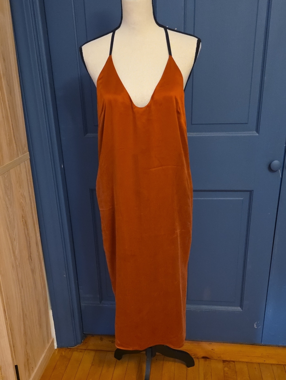 No Wear Lunya Washable Silk T-back V Neck Slip Dress Pockets Rust Orange Red Sm